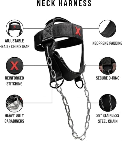 Neck Harness for Weight Lifting – Heavy Duty Neck Trainer with Adjustable Neoprene Head Strap & Steel Chain for Neck Strength Training, Wrestling, Football, MMA, Boxing & Bodybuilding