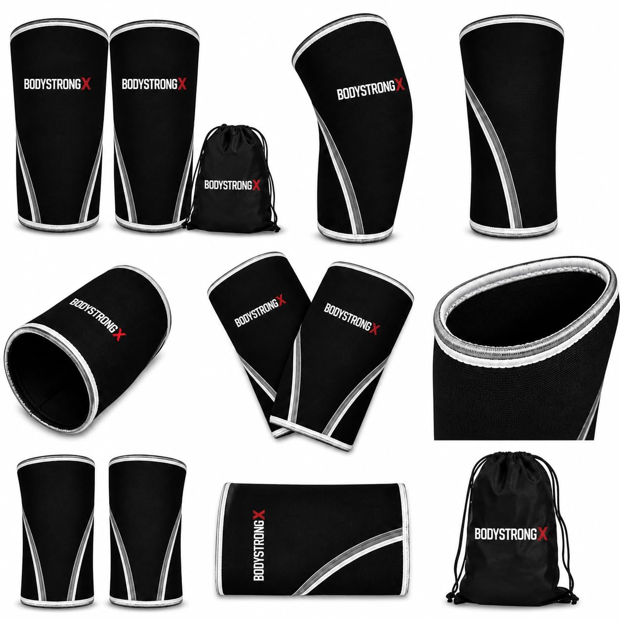 7MM Knee Sleeves (Pair) Knee Compression Sleeves for Weightlifting, Powerlifting, Squats, Cross Training & Fitness – Heavy Duty Neoprene Support for Men & Women – Includes Gym Carry Bag (Black/Black, Large)