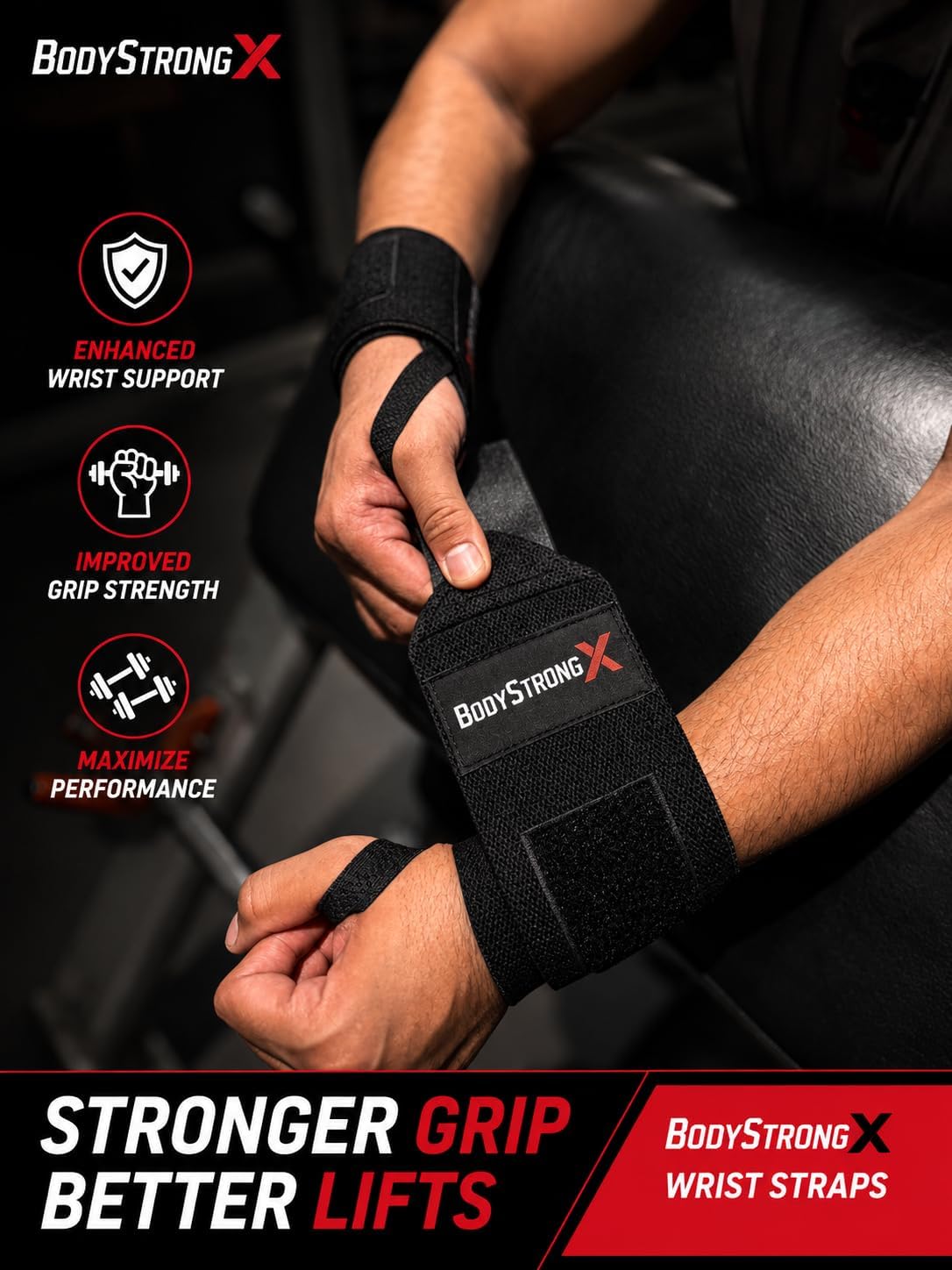 Weightlifting Wrist Wraps for Men & Women, Heavy Duty Wrist Support with Reinforced Thumb Loop for Powerlifting, Bench Press, Strength Training, Bodybuilding & Gym Workouts (Pair)