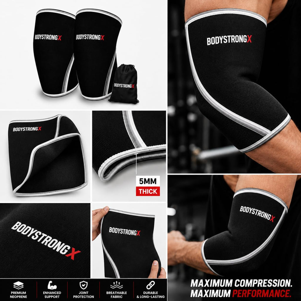 5MM Elbow Sleeves for Weightlifting, Powerlifting & Strength Training, Compression Elbow Support for Bench Press, Squats, Cross Training & Gym Workouts, Neoprene Elbow Brace for Men & Women (Pair)