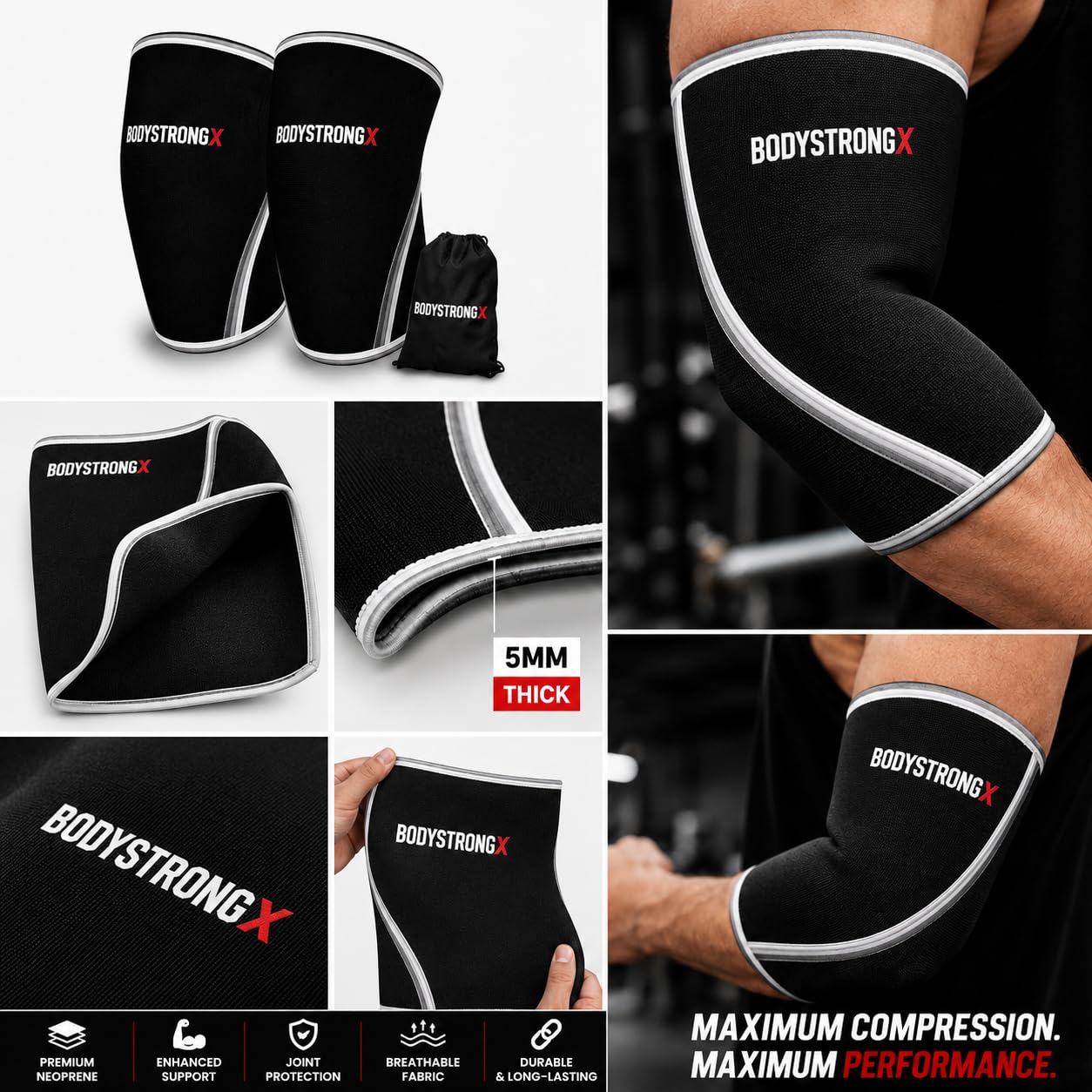 5MM Elbow Sleeves for Weightlifting, Powerlifting & Strength Training, Compression Elbow Support for Bench Press, Squats, Cross Training & Gym Workouts, Neoprene Elbow Brace for Men & Women (Pair)