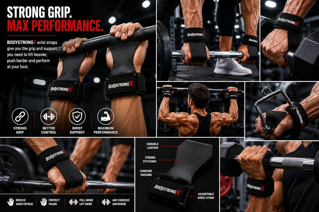 Weight Lifting Grips for Men & Women, Non-Slip Rubber Palm Grips with Padded Wrist Support for Deadlifts, Pull Ups, Rows, Lat Pulldowns, Powerlifting, Strength Training & Gym Workouts (Black, Medium)