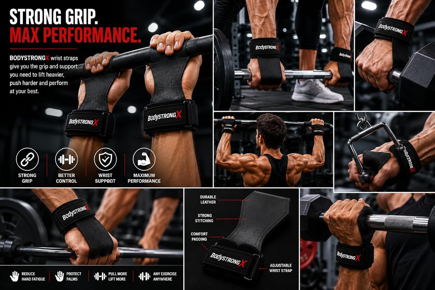 Weight Lifting Grips for Men & Women, Non-Slip Rubber Palm Grips with Padded Wrist Support for Deadlifts, Pull Ups, Rows, Lat Pulldowns, Powerlifting, Strength Training & Gym Workouts (Black, Medium)