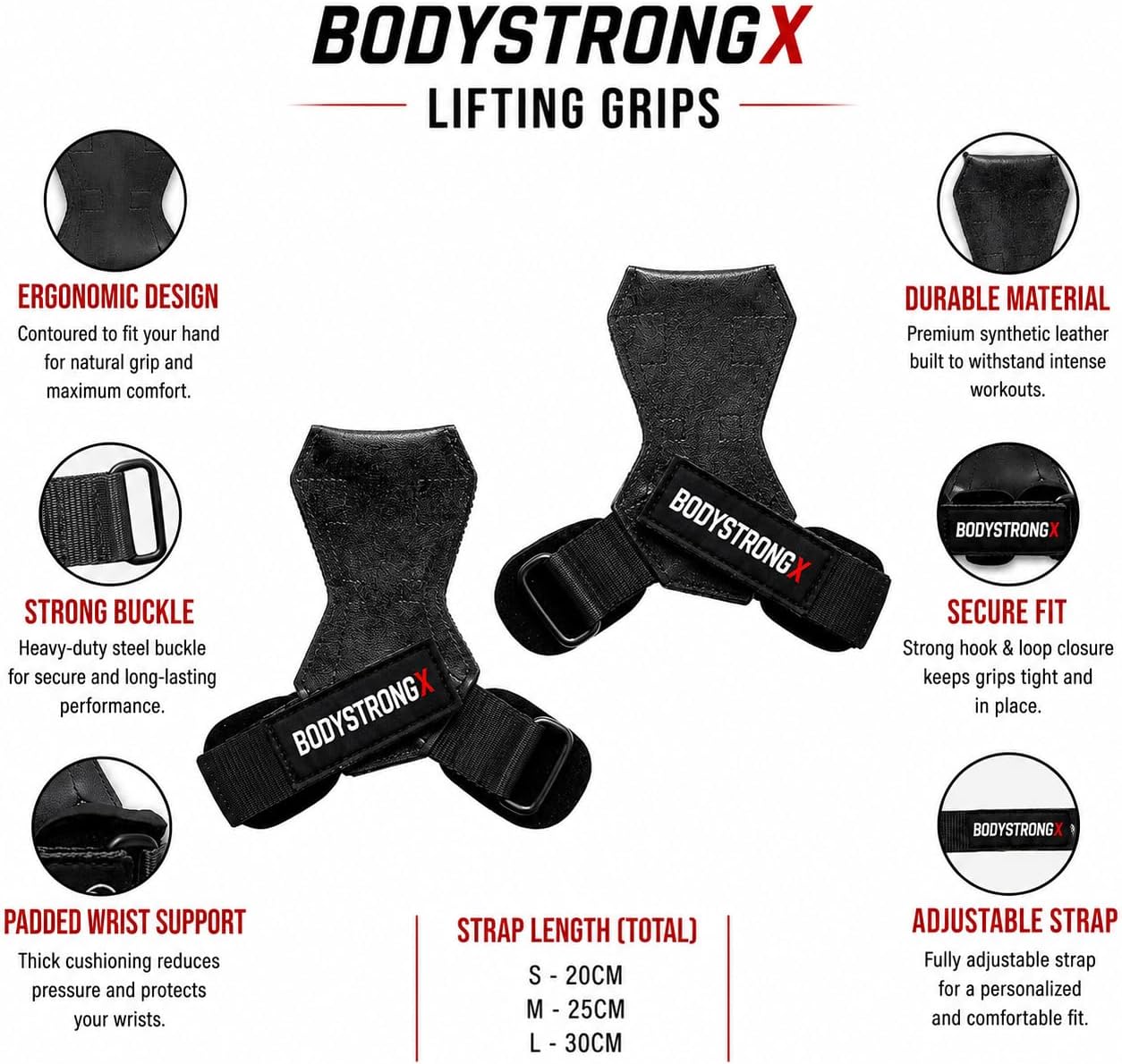 Weight Lifting Grips for Men & Women, Non-Slip Rubber Palm Grips with Padded Wrist Support for Deadlifts, Pull Ups, Rows, Lat Pulldowns, Powerlifting, Strength Training & Gym Workouts (Black, Medium)