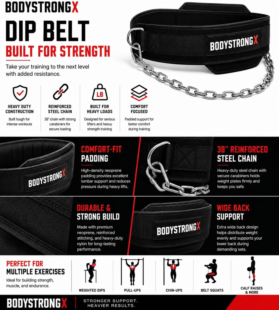 Dip Belt with Steel Chain for Weightlifting – Heavy Duty Weight Belt for Dips, Pull-Ups, Chin-Ups, Belt Squats & Strength Training – Adjustable Neoprene Padded Support for Men & Women (Black)