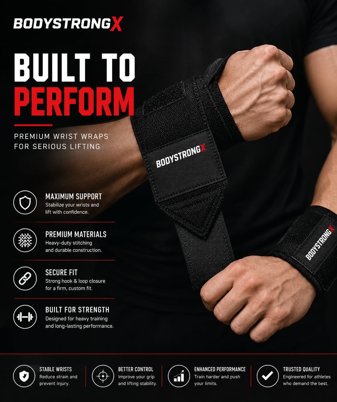 Weightlifting Wrist Wraps for Men & Women, Heavy Duty Wrist Support with Reinforced Thumb Loop for Powerlifting, Bench Press, Strength Training, Bodybuilding & Gym Workouts (Pair)