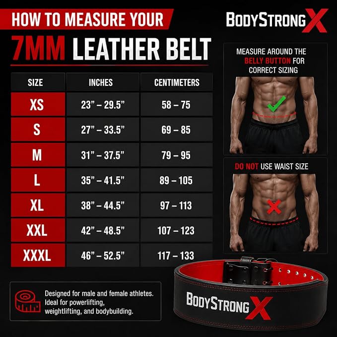 7mm Leather Weightlifting Belt – Genuine Leather Lifting Belt for Squats, Deadlifts, Powerlifting & Bodybuilding, Adjustable Double Prong Buckle, Lower Back Support for Strength Training, Men & Women