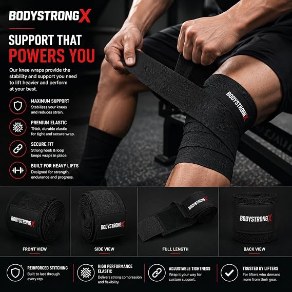 Knee Wraps for Weightlifting, Powerlifting, Squats & Leg Press, Heavy Duty Adjustable Knee Support Wraps with Secure Hook-and-Loop Closure for Strength Training & Gym Workouts, Pair