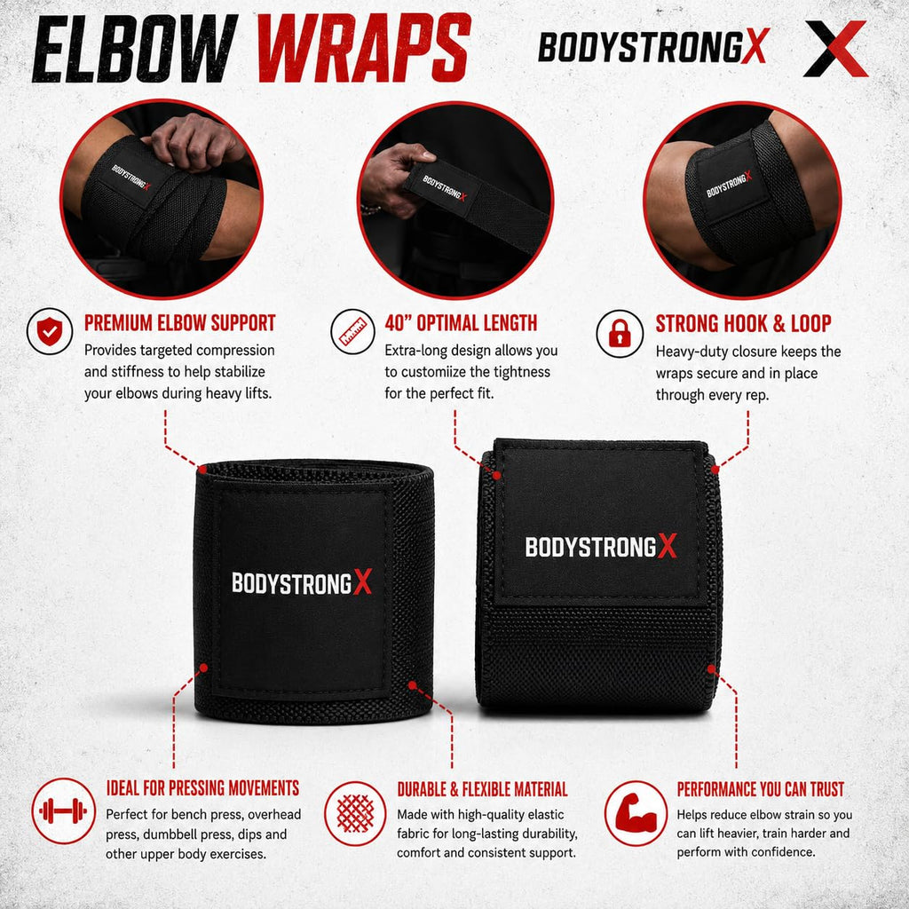 Elbow Wraps for Weightlifting (1 Pair), 40" Heavy Duty Compression Support for Bench Press, Powerlifting, Bodybuilding & Strength Training, Adjustable Hook & Loop Closure, Black