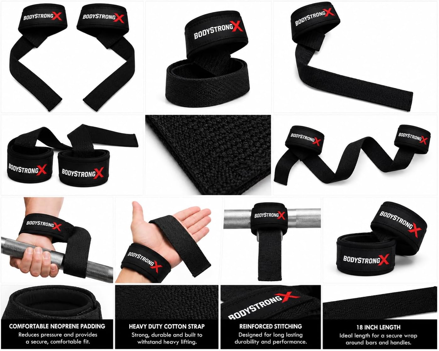 Weight Lifting Wrist Straps – Heavy Duty Cotton Lifting Straps with Neoprene Wrist Padding for Deadlifts, Pull Ups, Bodybuilding, Powerlifting, Strength Training & Gym Workouts (Black, Pair)