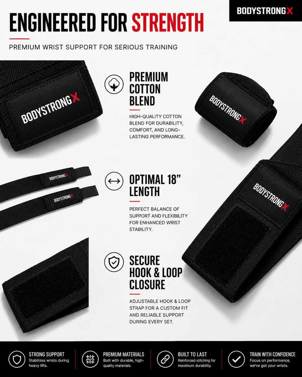 Weightlifting Wrist Wraps for Men & Women, Heavy Duty Wrist Support with Reinforced Thumb Loop for Powerlifting, Bench Press, Strength Training, Bodybuilding & Gym Workouts (Pair)