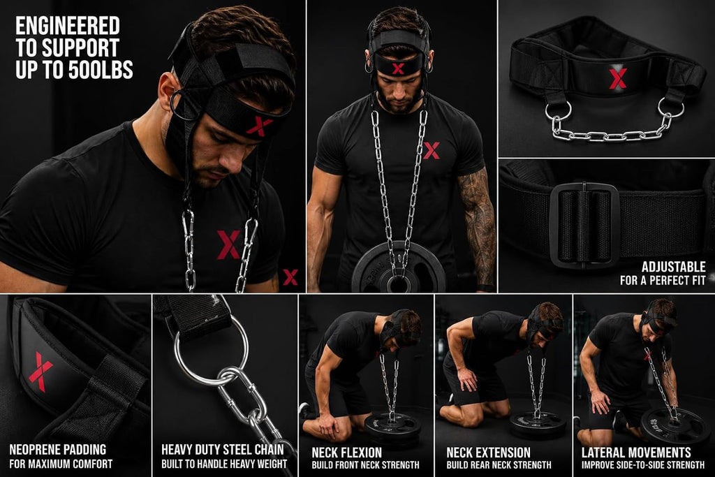 Neck Harness for Weight Lifting – Heavy Duty Neck Trainer with Adjustable Neoprene Head Strap & Steel Chain for Neck Strength Training, Wrestling, Football, MMA, Boxing & Bodybuilding