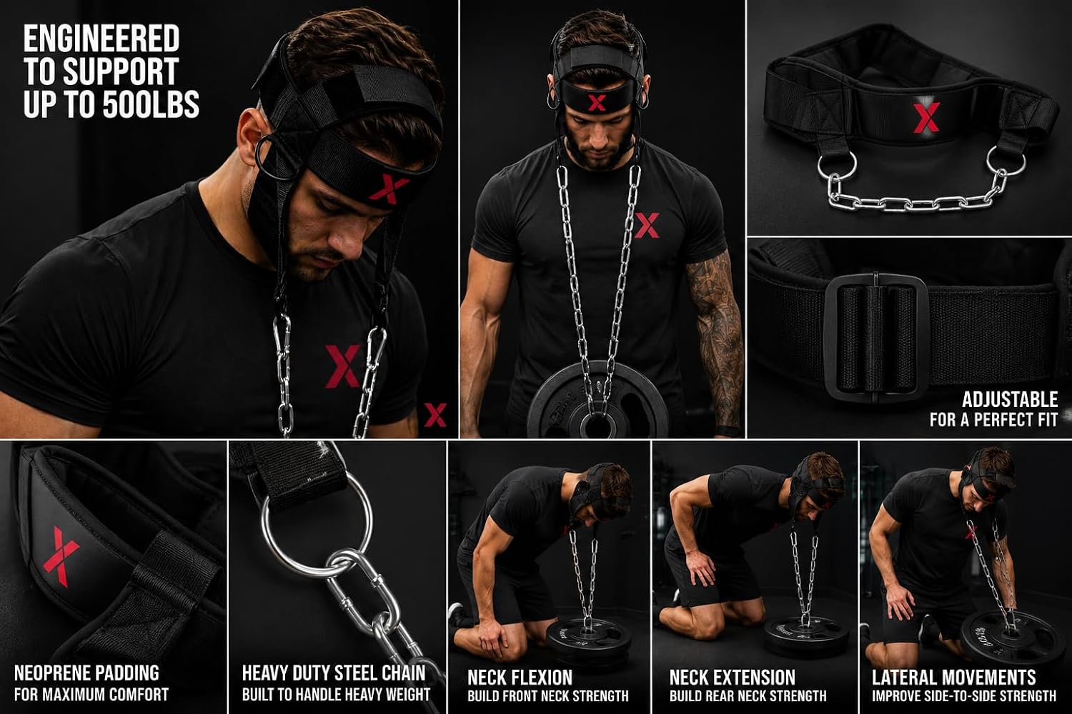 Neck Harness for Weight Lifting – Heavy Duty Neck Trainer with Adjustable Neoprene Head Strap & Steel Chain for Neck Strength Training, Wrestling, Football, MMA, Boxing & Bodybuilding