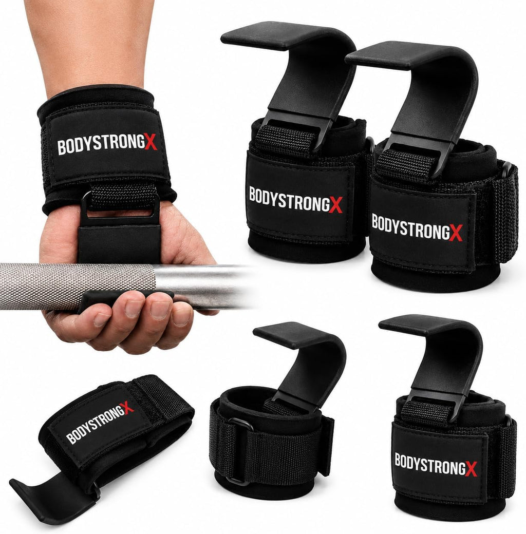 Weight Lifting Hooks (Pair) – Heavy Duty Wrist Support Hooks for Deadlifts, Pull Ups, Shrugs & Rows – Non-Slip Steel Gym Hooks with Padded Neoprene Wrist Straps for Men & Women