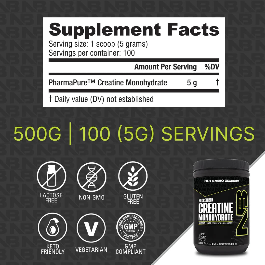 CREATINE MONOHYDRATE 100 SERVINGS UNFLAVORED BY NUTRA BIO ( HALAL,GMP CERTIFIED, FDA APPROVED)