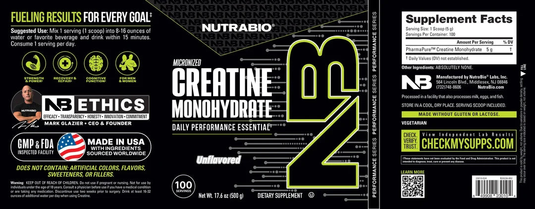 CREATINE MONOHYDRATE 100 SERVINGS UNFLAVORED BY NUTRA BIO ( HALAL,GMP CERTIFIED, FDA APPROVED)